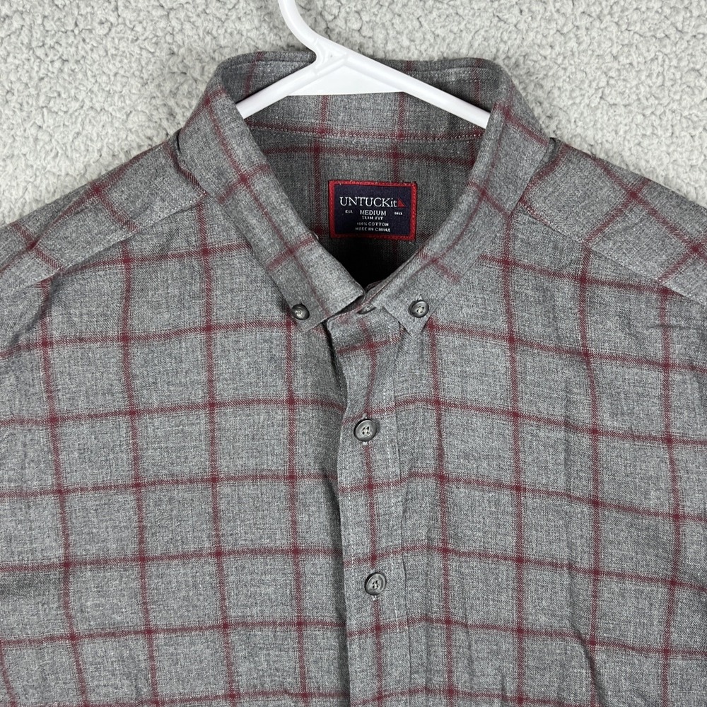Untuckit Mens M Slim Fit Button Down Shirt Grey Burgundy Plaid Long Sleeve - Picture 2 of 11